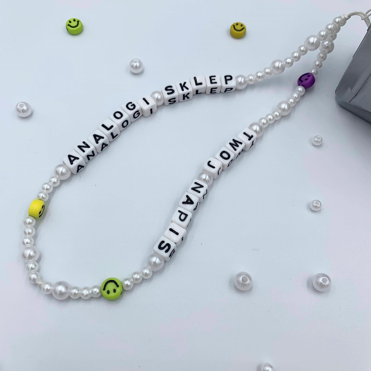 Smyczka biżu do aparatu hand made własny napis